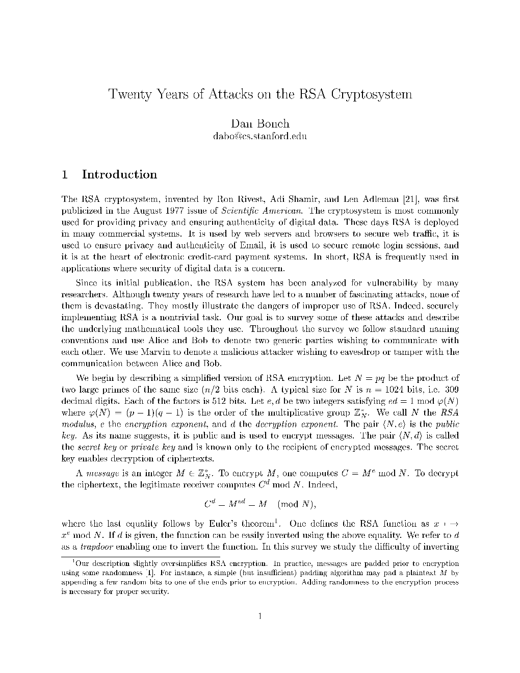 Twenty Years of Attacks on the RSA Cryptosystem 1 Introduction