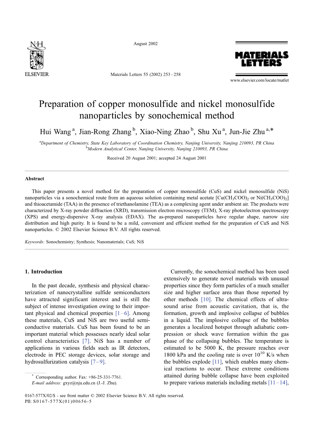 Preparation of Copper Monosulfide and Nickel Monosulfide Nanoparticles by Sonochemical Method