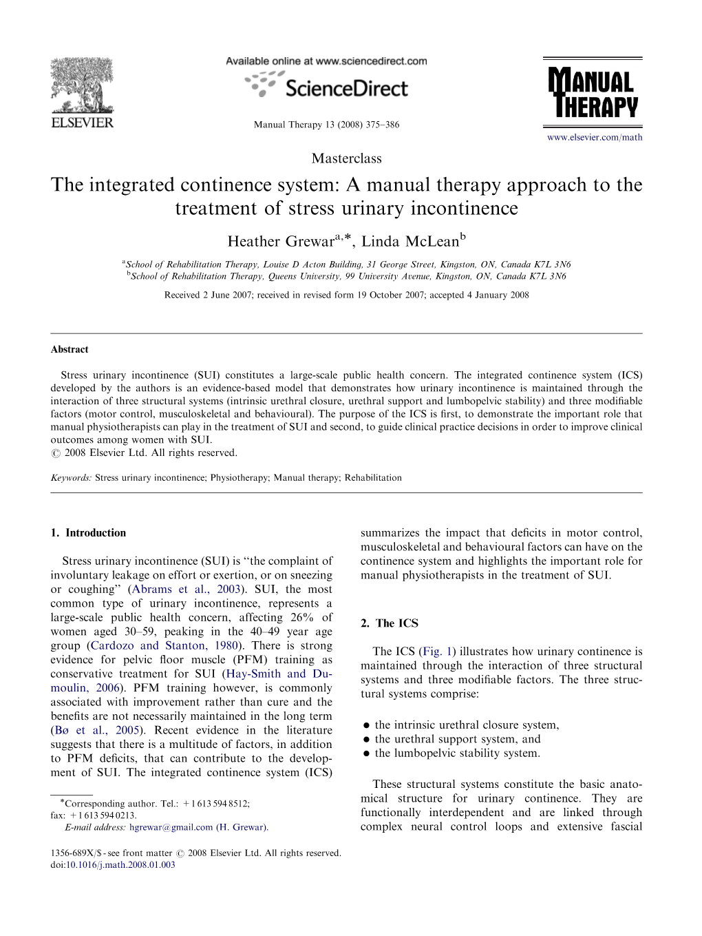 The Integrated Continence System: a Manual Therapy Approach to the Treatment of Stress Urinary Incontinence