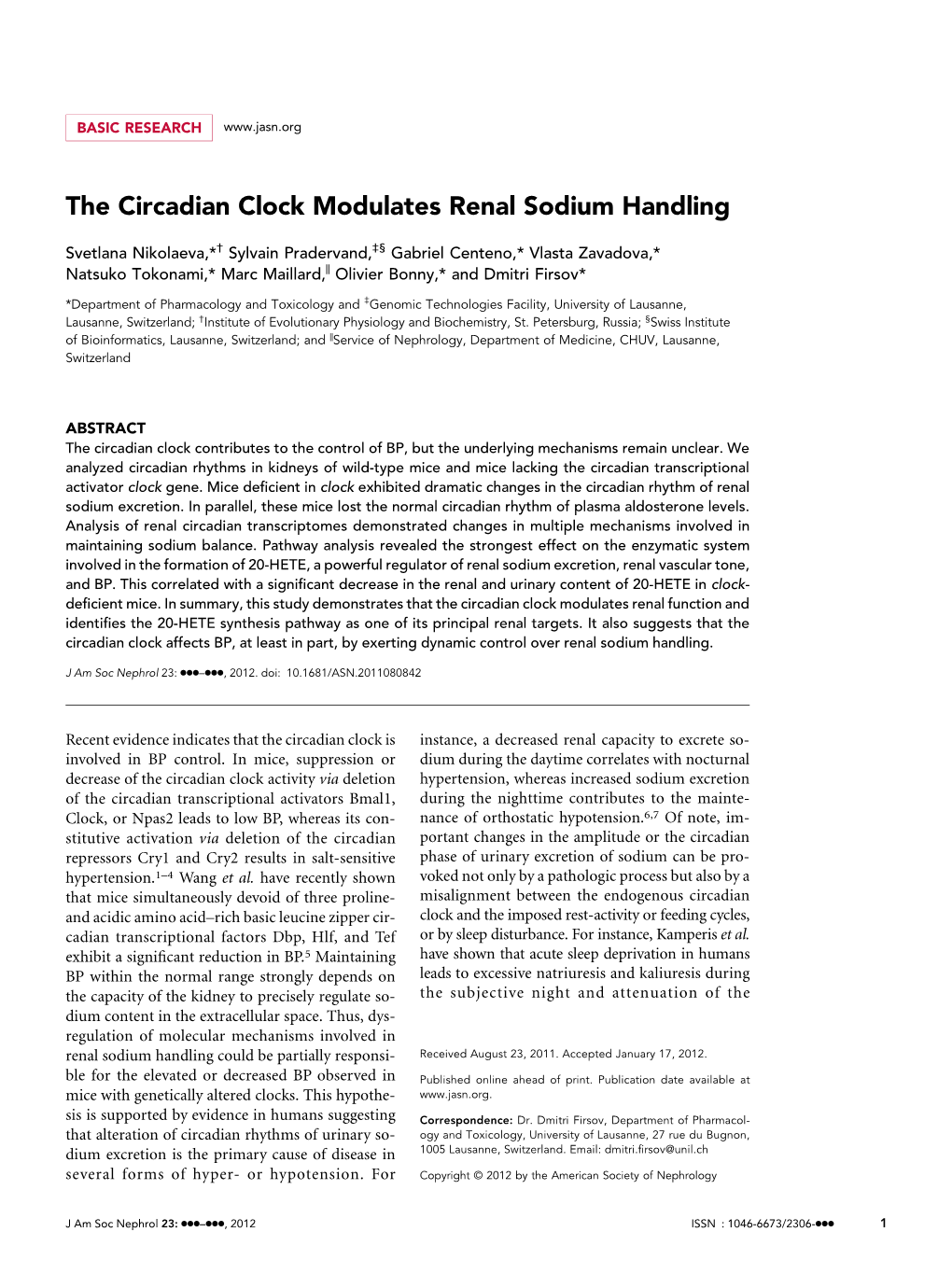 The Circadian Clock Modulates Renal Sodium Handling