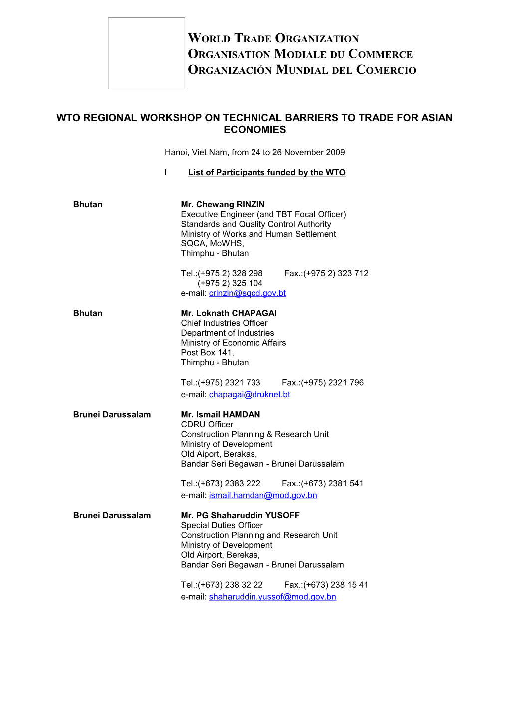 I List of Participants Funded by the WTO