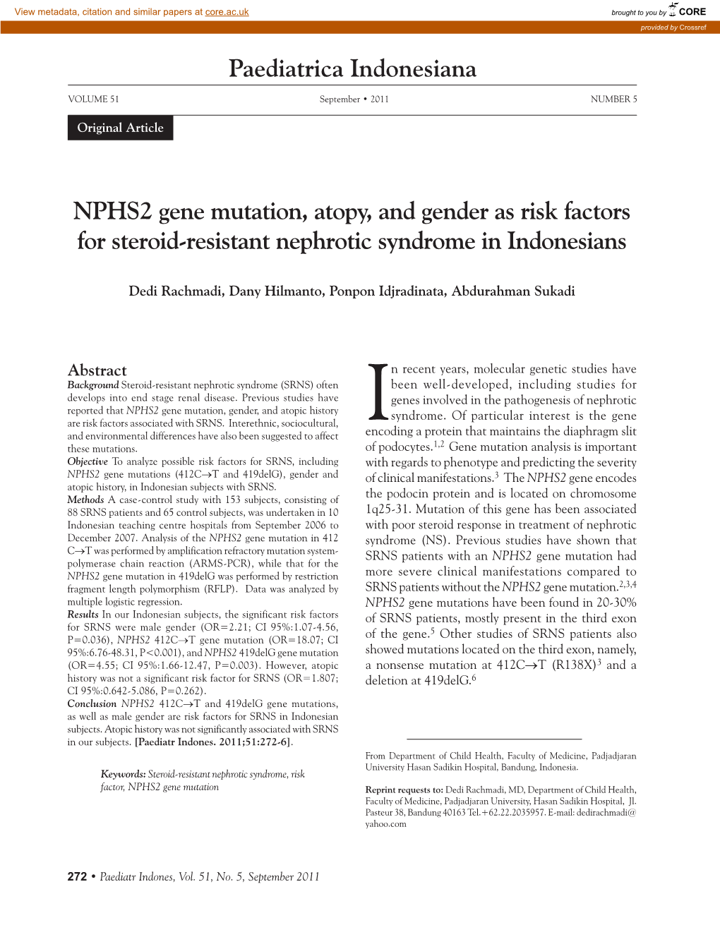 Paediatrica Indonesiana NPHS2 Gene Mutation, Atopy, And