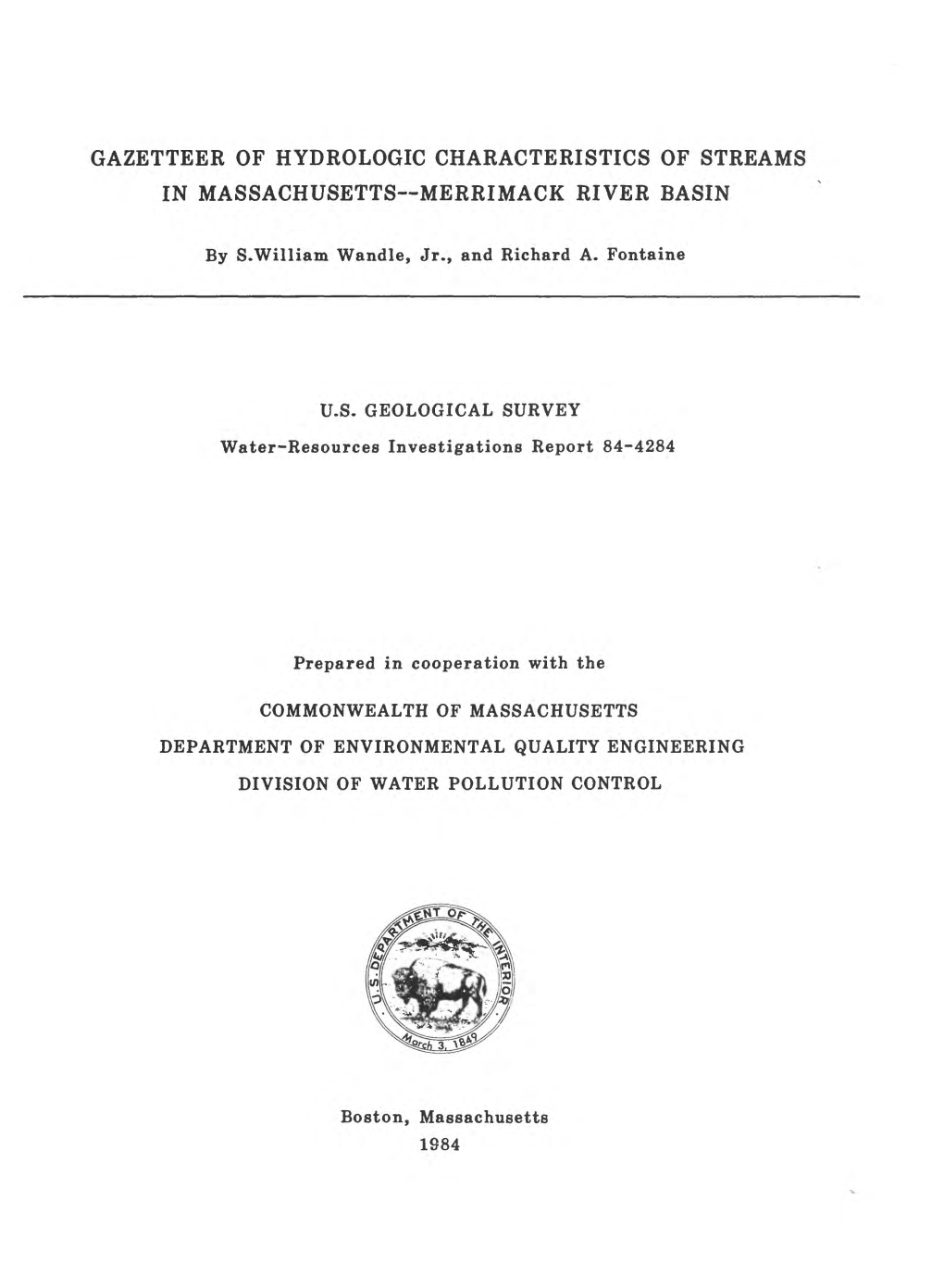 Gazetteer of Hydrologic Characteristics of Streams in Massachusetts Merrimack River Basin