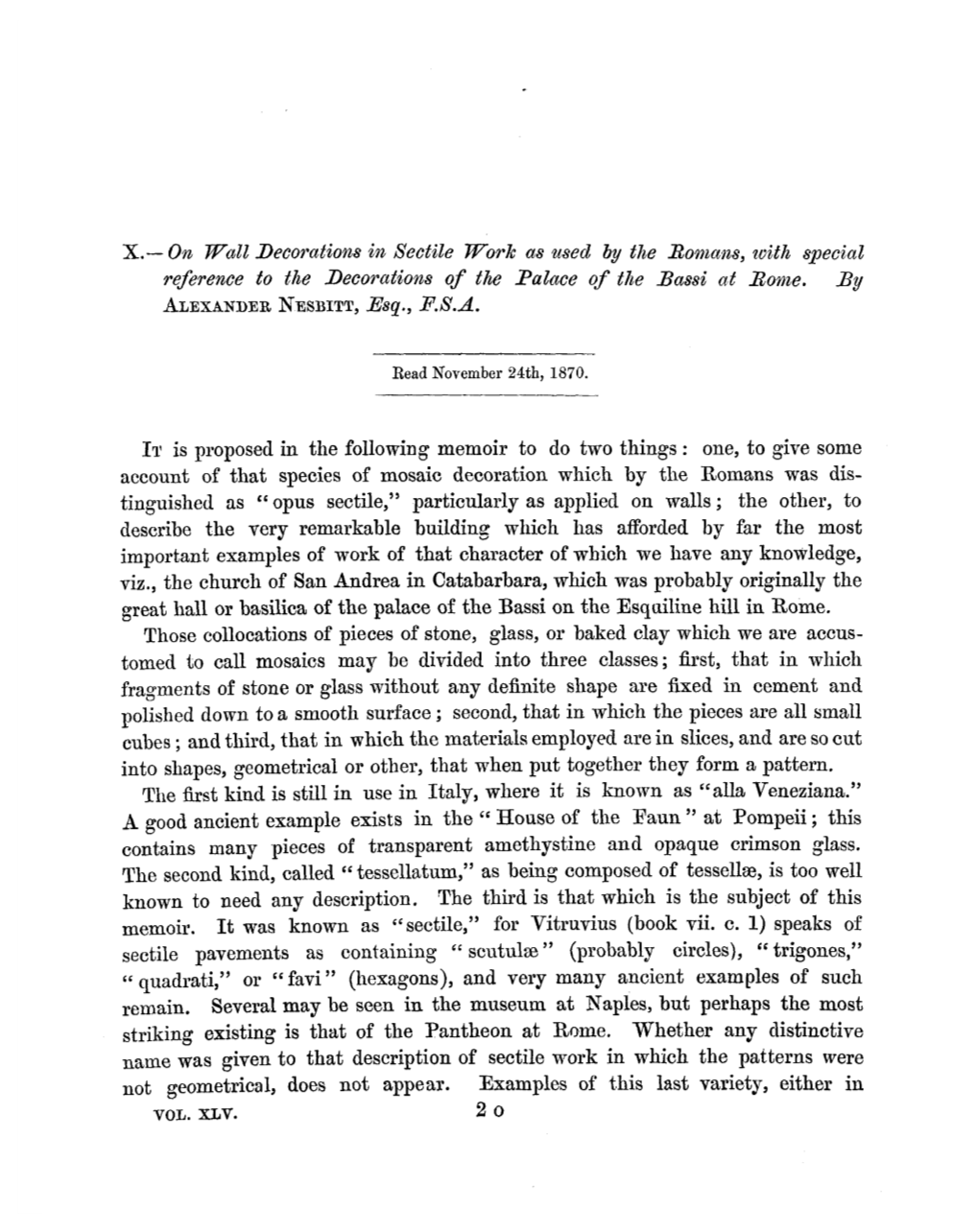 On Wall Decorations in Sectile Work As Used by the Romans, Icith Special Reference to the Decorations of the Palace of the Bassi at Borne