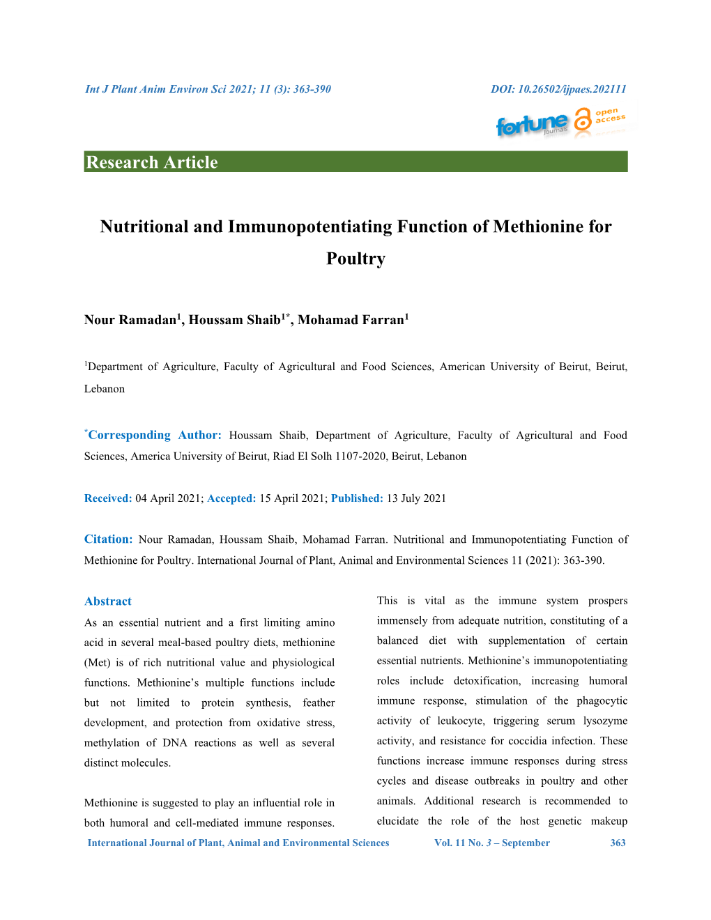 Nutritional and Immunopotentiating Function of Methionine for Poultry