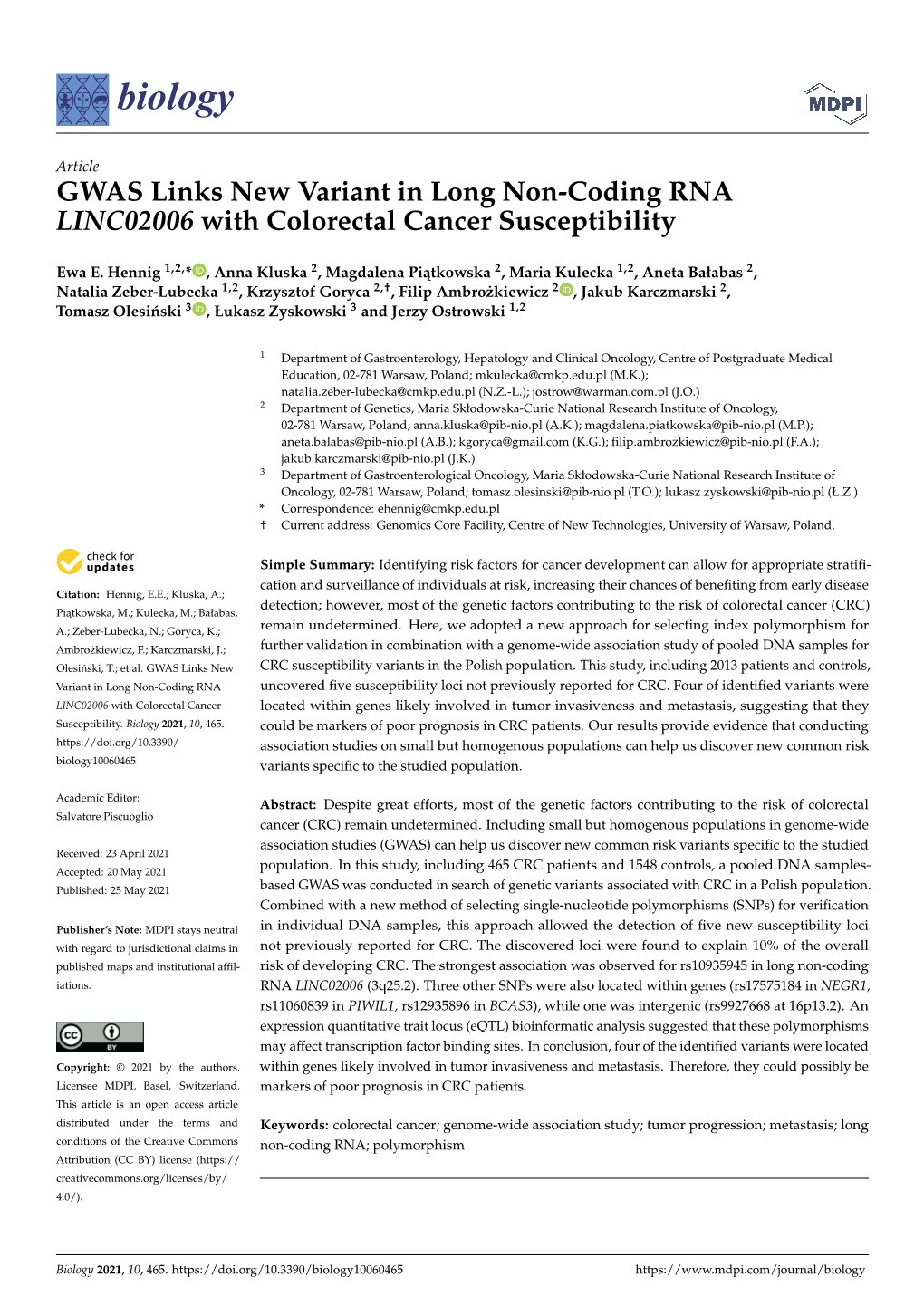 GWAS Links New Variant in Long Non-Coding RNA LINC02006 with Colorectal Cancer Susceptibility