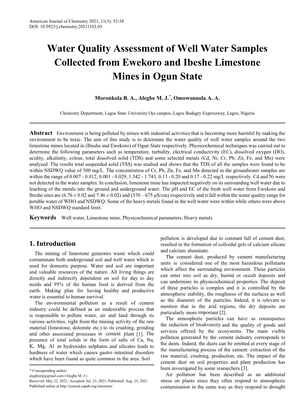 Water Quality Assessment of Well Water Samples Collected from Ewekoro and Ibeshe Limestone Mines in Ogun State