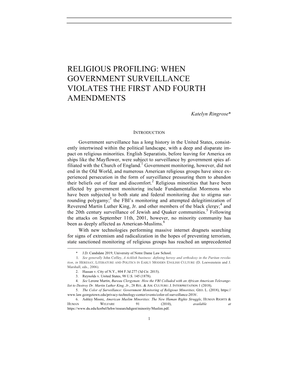 Religious Profiling: When Government Surveillance Violates the First and Fourth Amendments