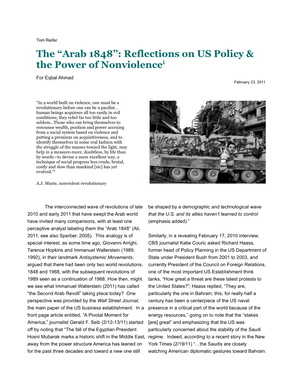 Arab 1848”: Reflections on US Policy & the Power of Nonviolencei