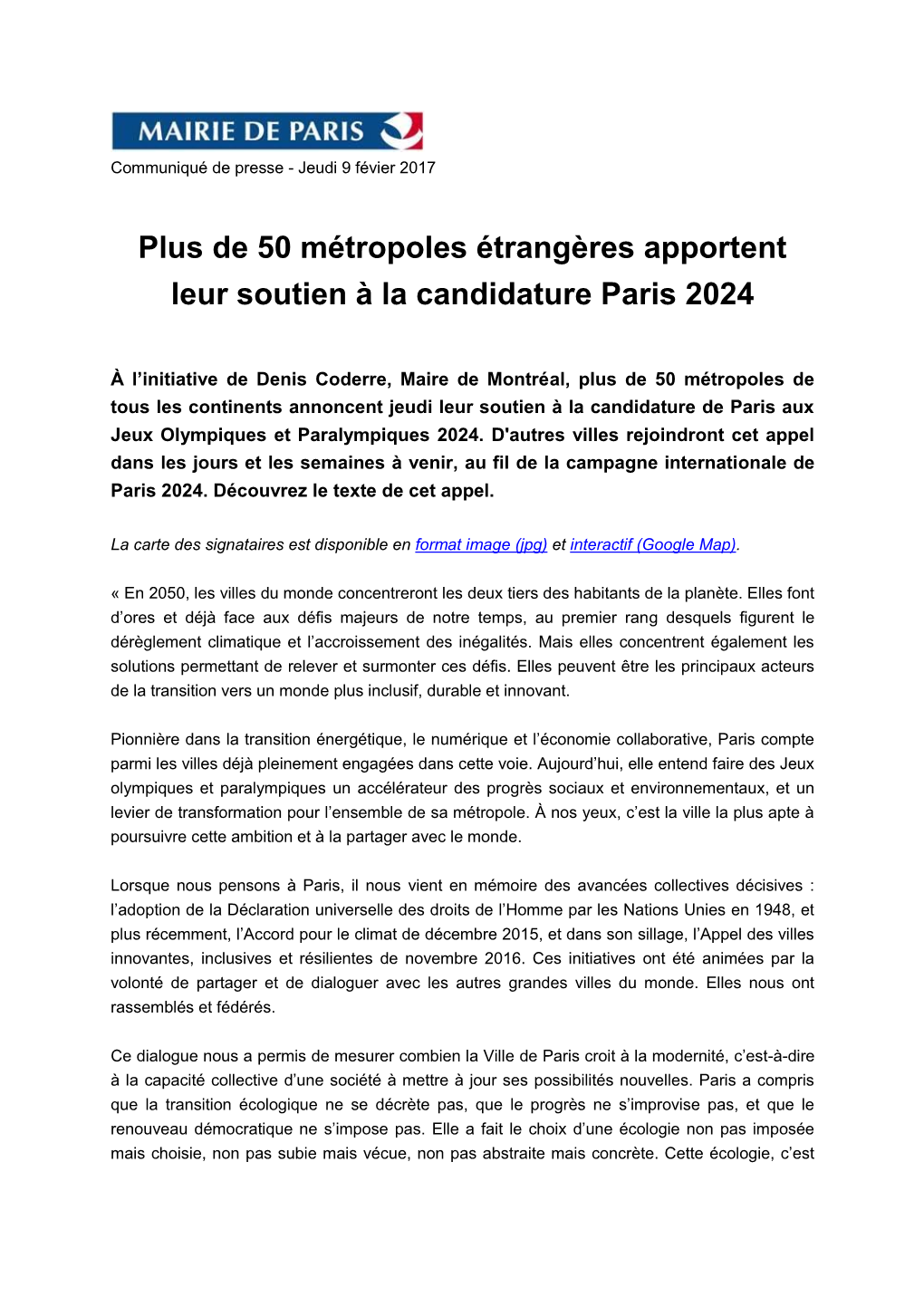 Plus De 50 Métropoles Étrangères Apportent Leur Soutien À La Candidature Paris 2024