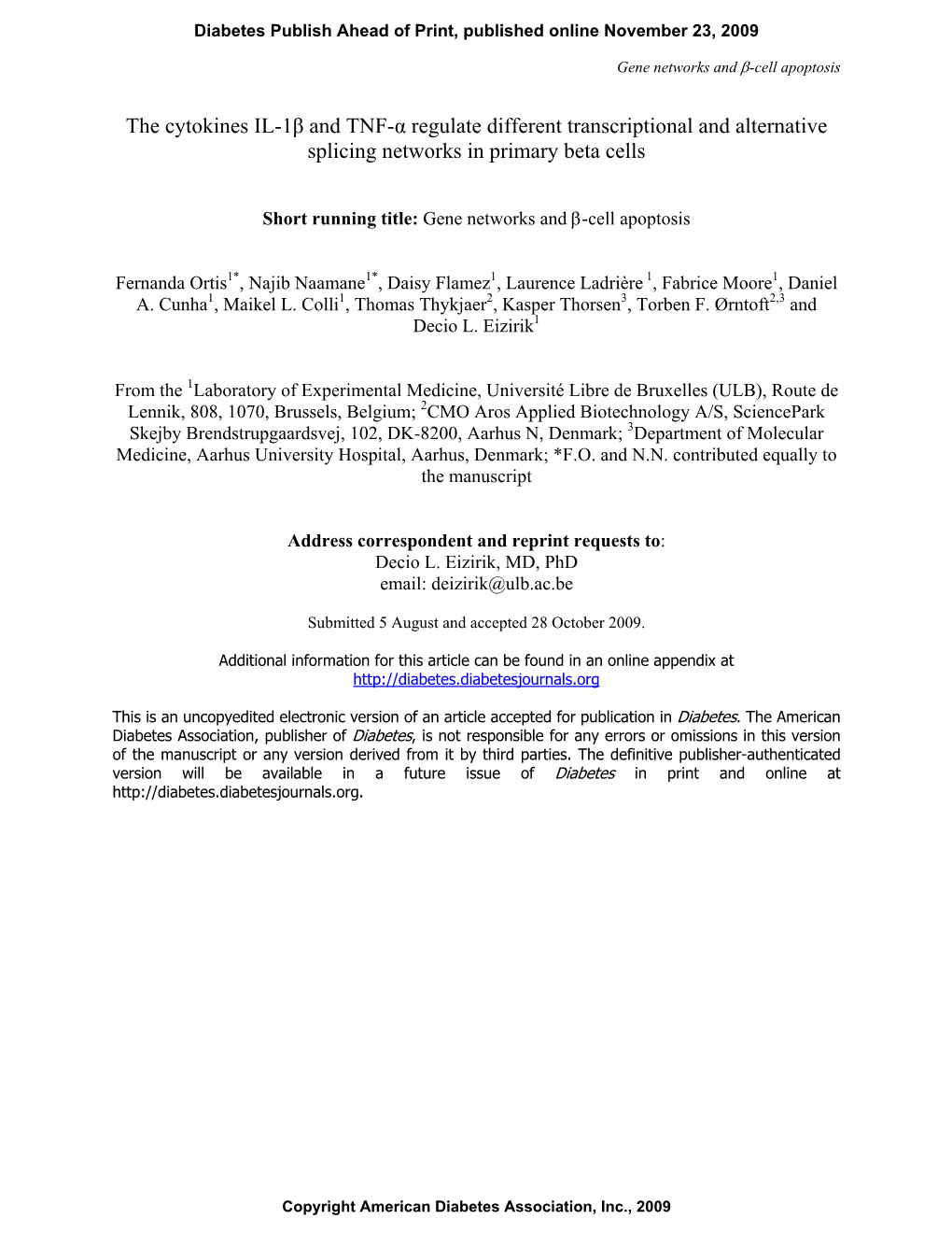 The Cytokines IL-1Β and TNF-Α Regulate Different Transcriptional and Alternative Splicing Networks in Primary Beta Cells