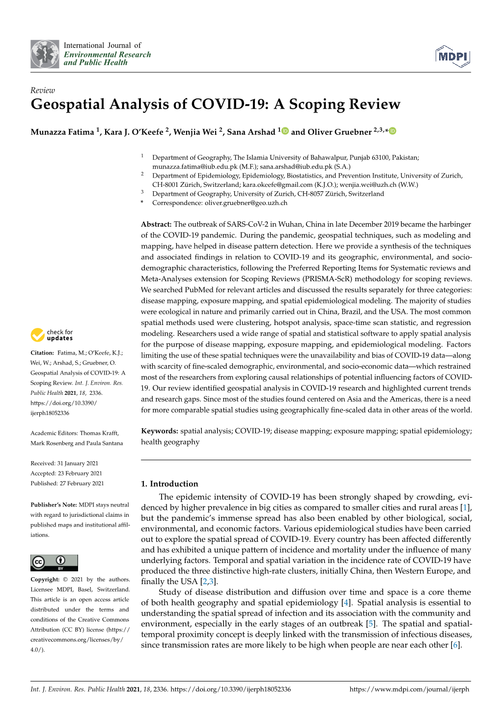 Geospatial Analysis of COVID-19: a Scoping Review