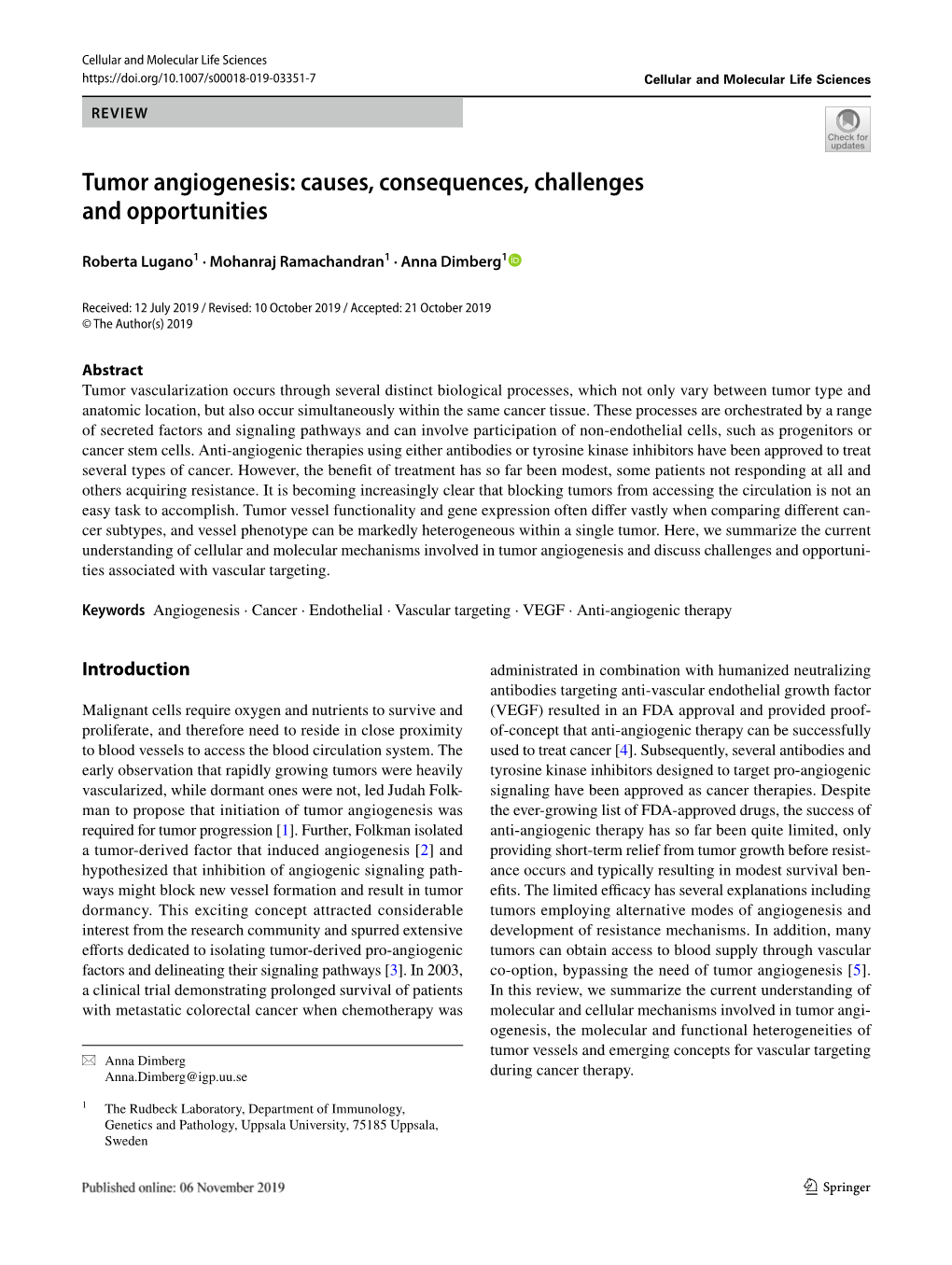Tumor Angiogenesis: Causes, Consequences, Challenges and Opportunities