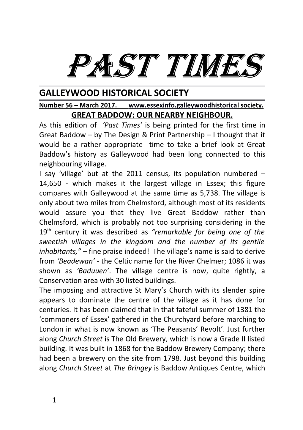 PAST TIMES GALLEYWOOD HISTORICAL SOCIETY Number 56 – March 2017