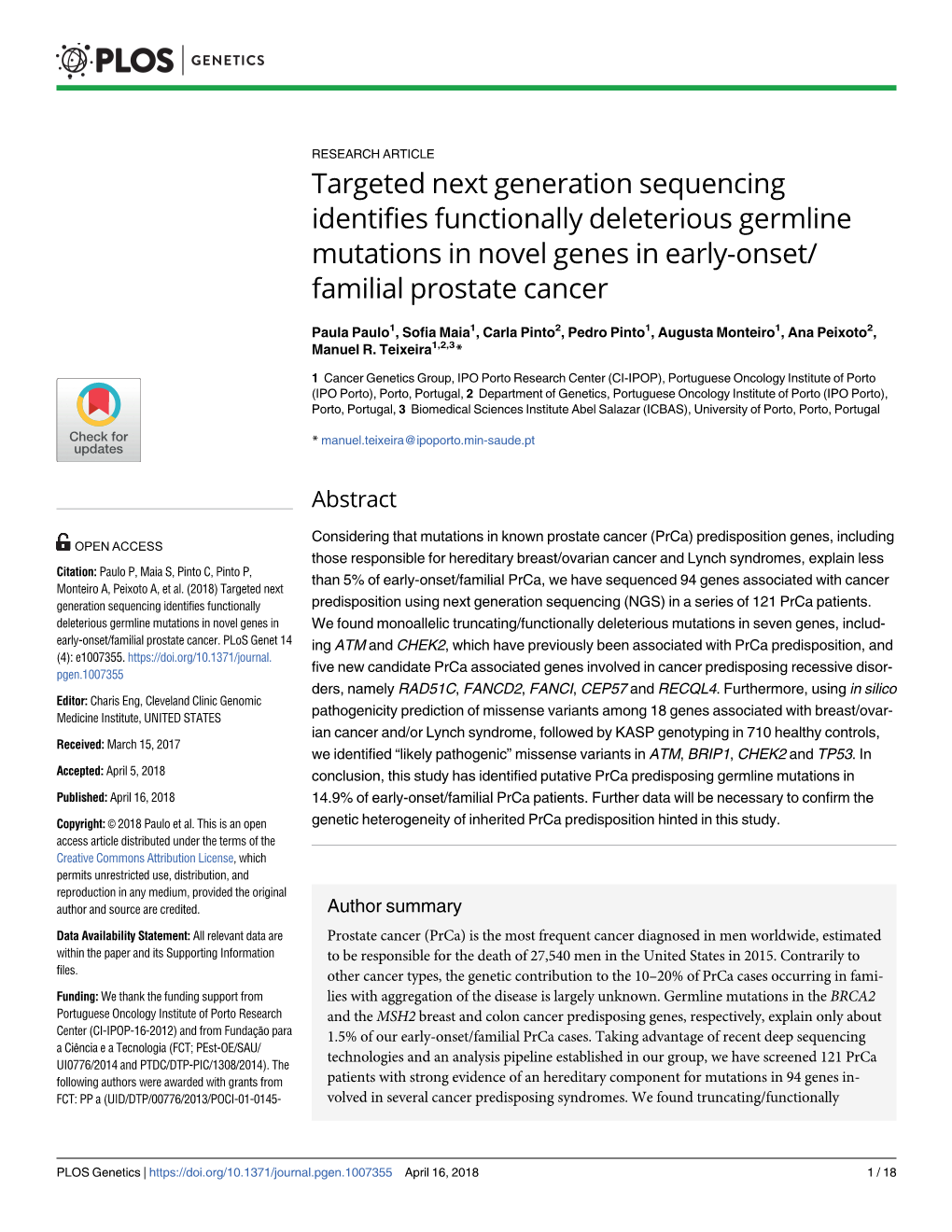 Targeted Next Generation Sequencing Identifies Functionally Deleterious Germline Mutations in Novel Genes in Early-Onset/ Familial Prostate Cancer