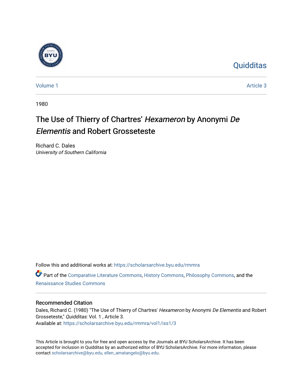 The Use of Thierry of Chartres' Hexameron by Anonymi De Elementis and Robert Grosseteste