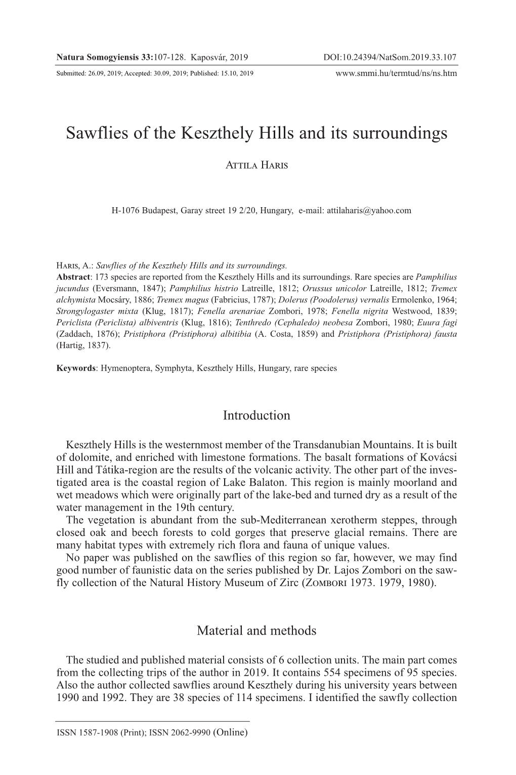 Sawflies of the Keszthely Hills and Its Surroundings