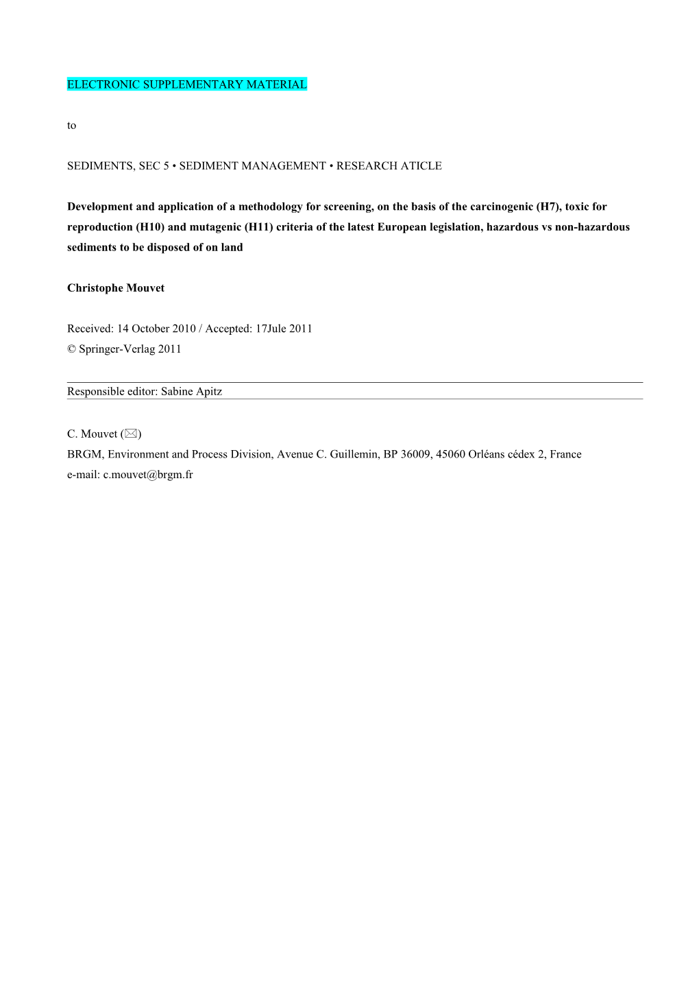 Assessment of the CMR Potential of Sediments from an Extensive French and Belgian Data Vase ;