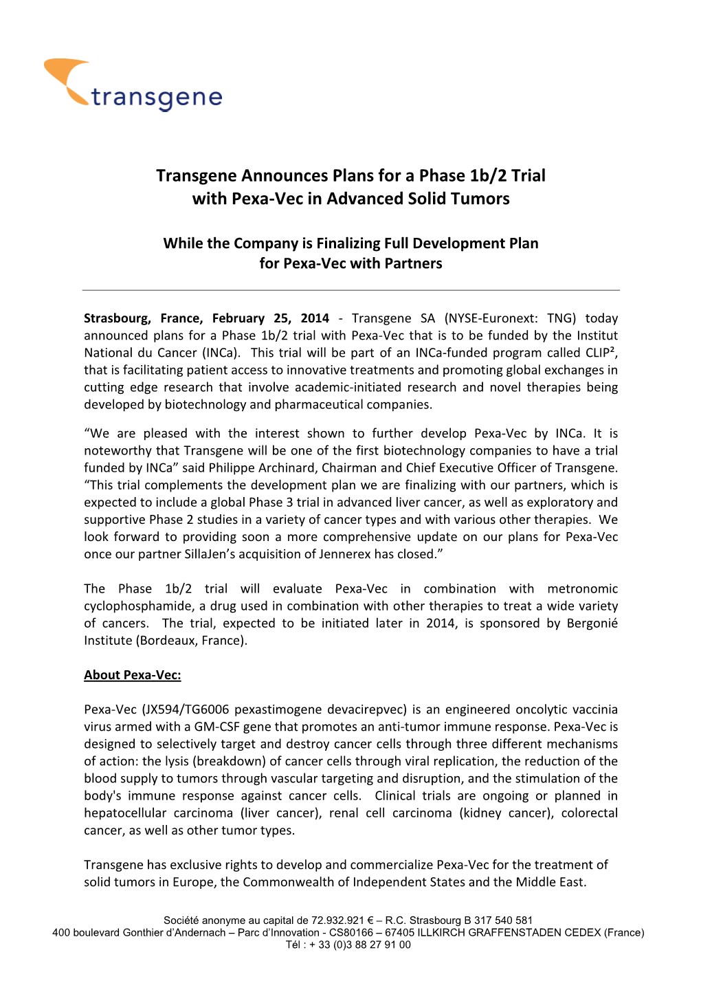 Transgene Announces Plans for a Phase 1B/2 Trial with Pexa-Vec in Advanced Solid Tumors