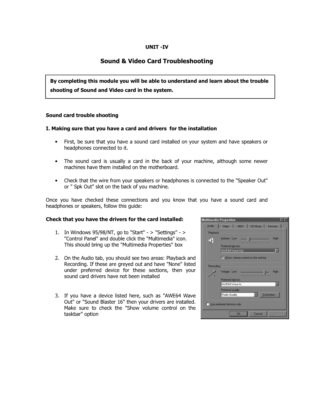 Sound & Video Card Troubleshooting