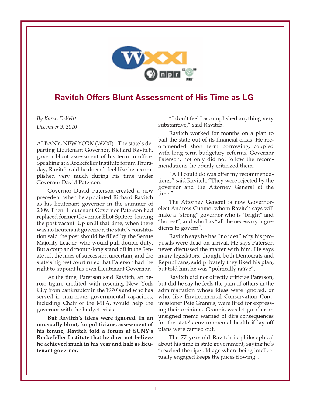 Ravitch Offers Blunt Assessment of His Time As LG