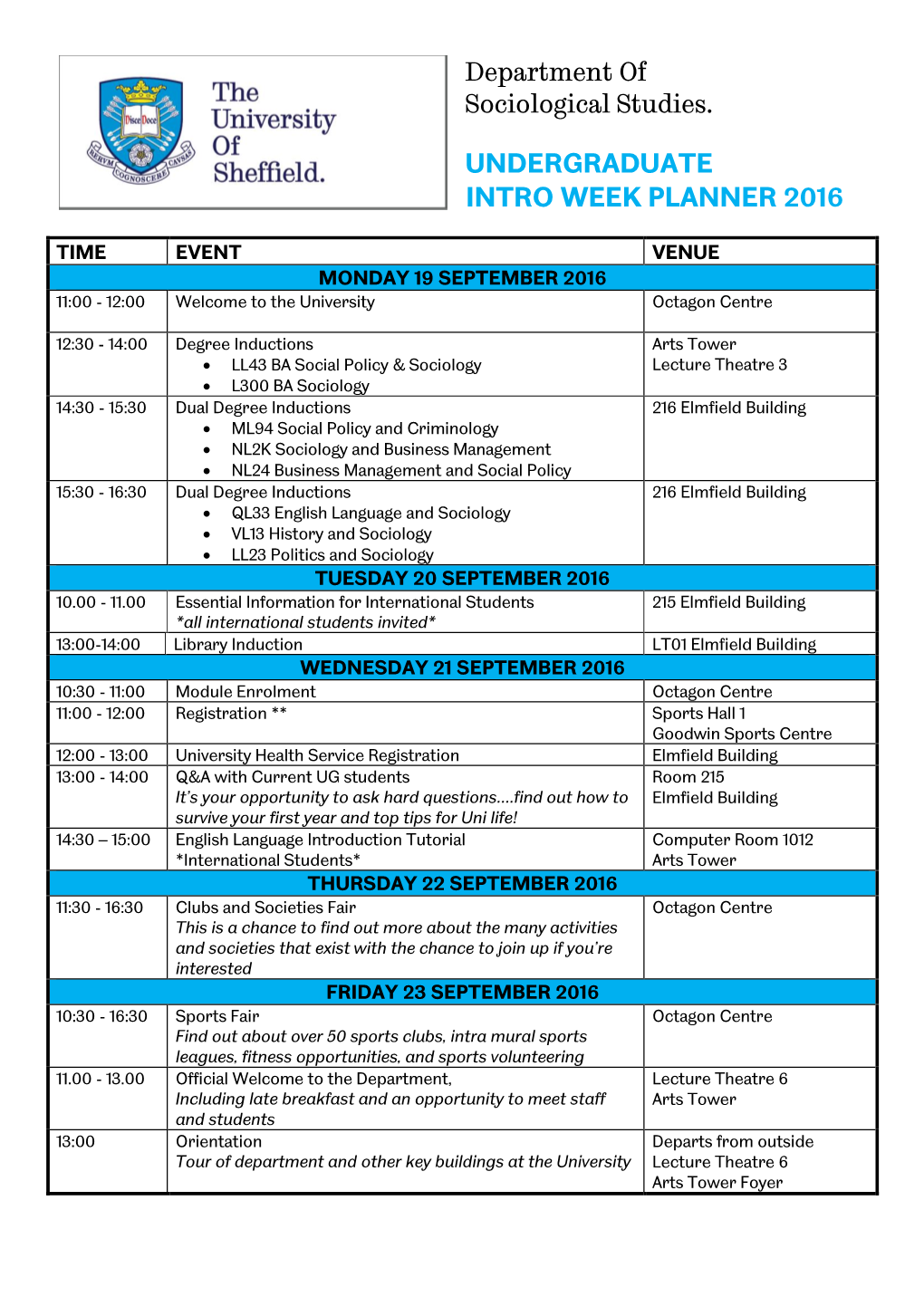 Undergraduate Intro Week Planner 2016