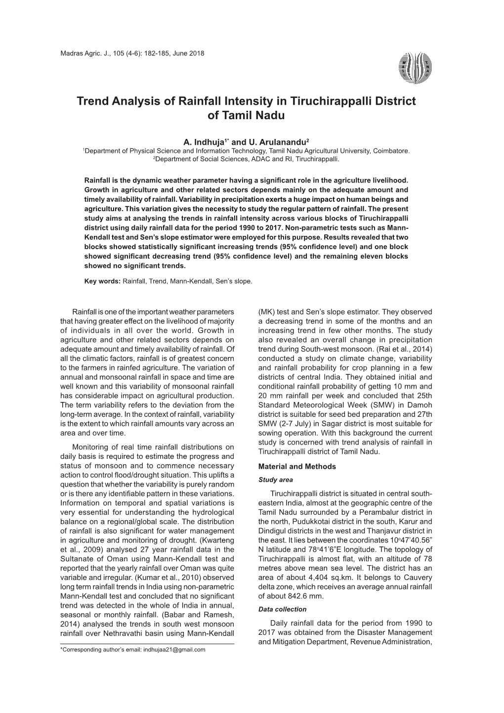 Trend Analysis of Rainfall Intensity in Tiruchirappalli District of Tamil Nadu