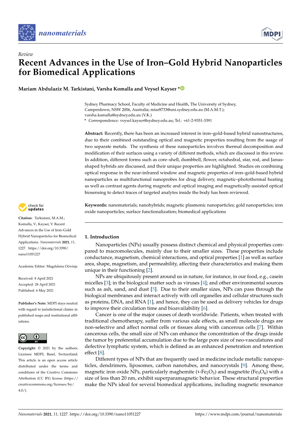 Recent Advances in the Use of Iron–Gold Hybrid Nanoparticles for Biomedical Applications Nanomaterials 2021, 11, X for PEER REVIEW 2 of 25