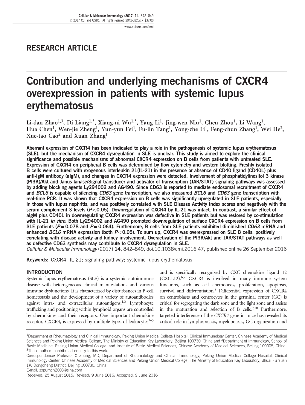 Contribution and Underlying Mechanisms of CXCR4 Overexpression in Patients with Systemic Lupus Erythematosus