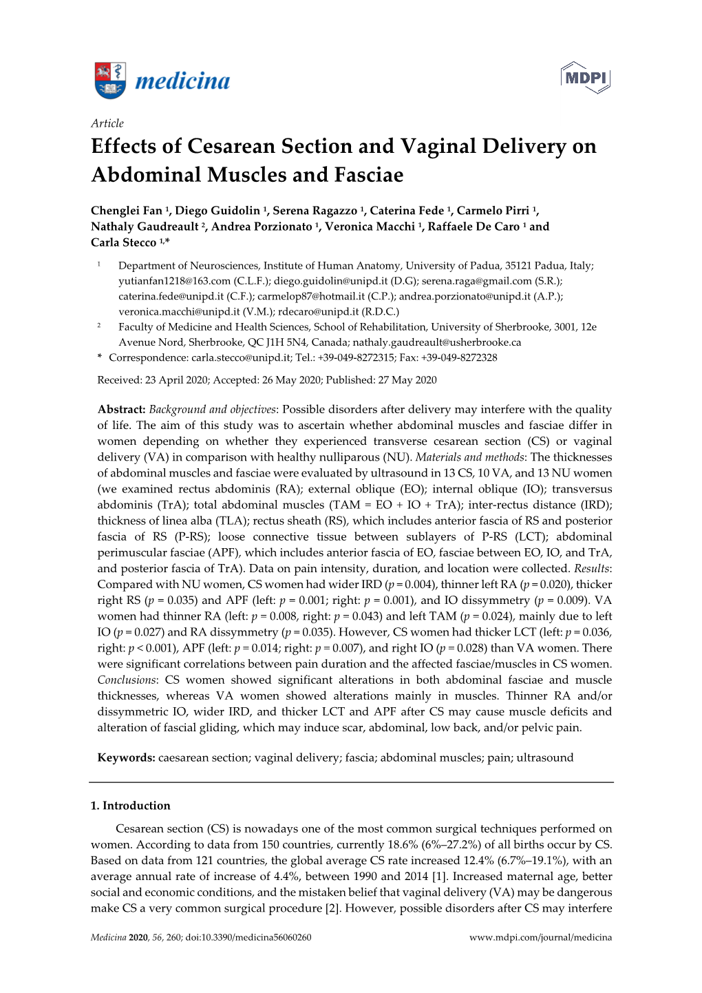 Effects of Cesarean Section and Vaginal Delivery on Abdominal Muscles and Fasciae