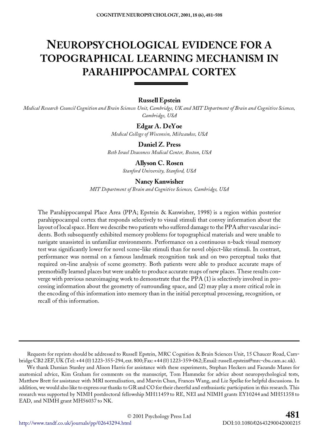 Neuropsychological Evidence for a Topographical Learning Mechanism in Parahippocampal Cortex