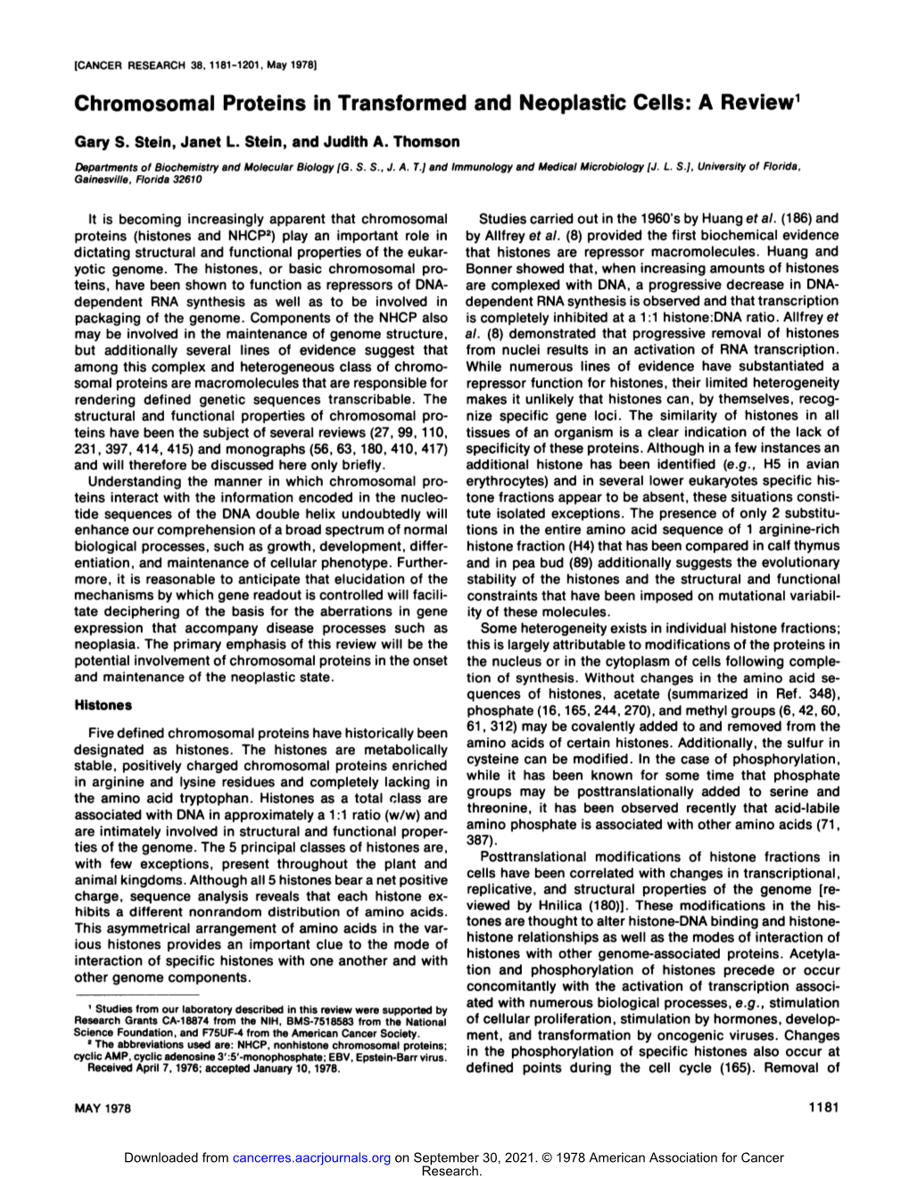 Chromosomal Proteins in Transformed and Neoplastia Cells: a Review1