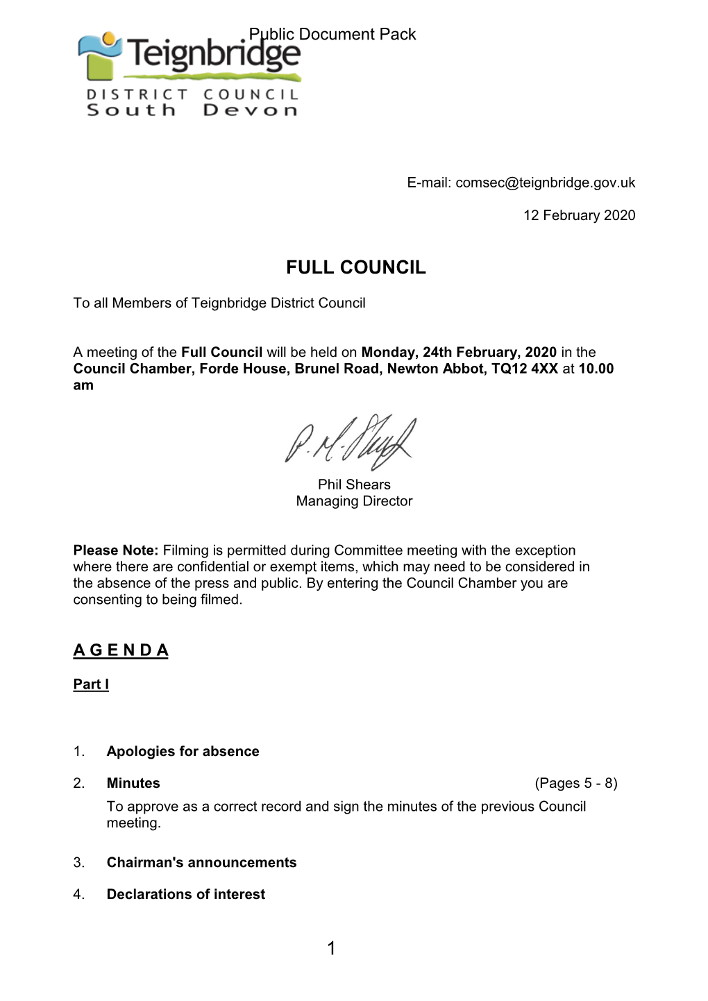 (Public Pack)Agenda Document for Full Council, 24/02/2020 10:00