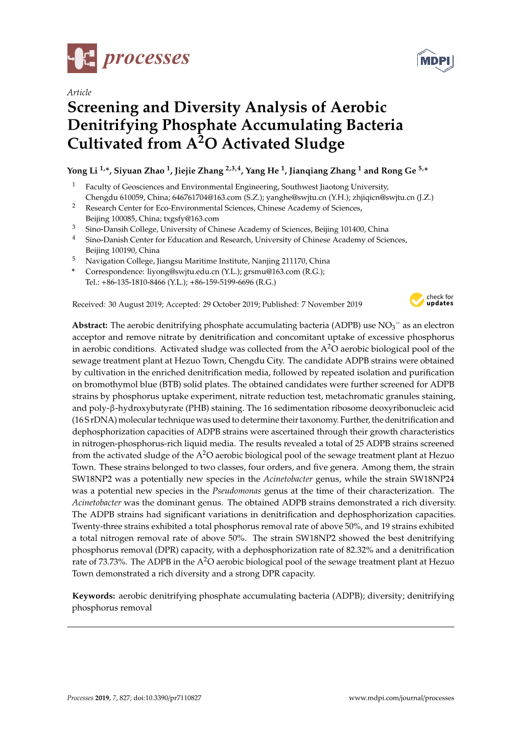 Screening and Diversity Analysis of Aerobic Denitrifying Phosphate Accumulating Bacteria Cultivated from A2O Activated Sludge