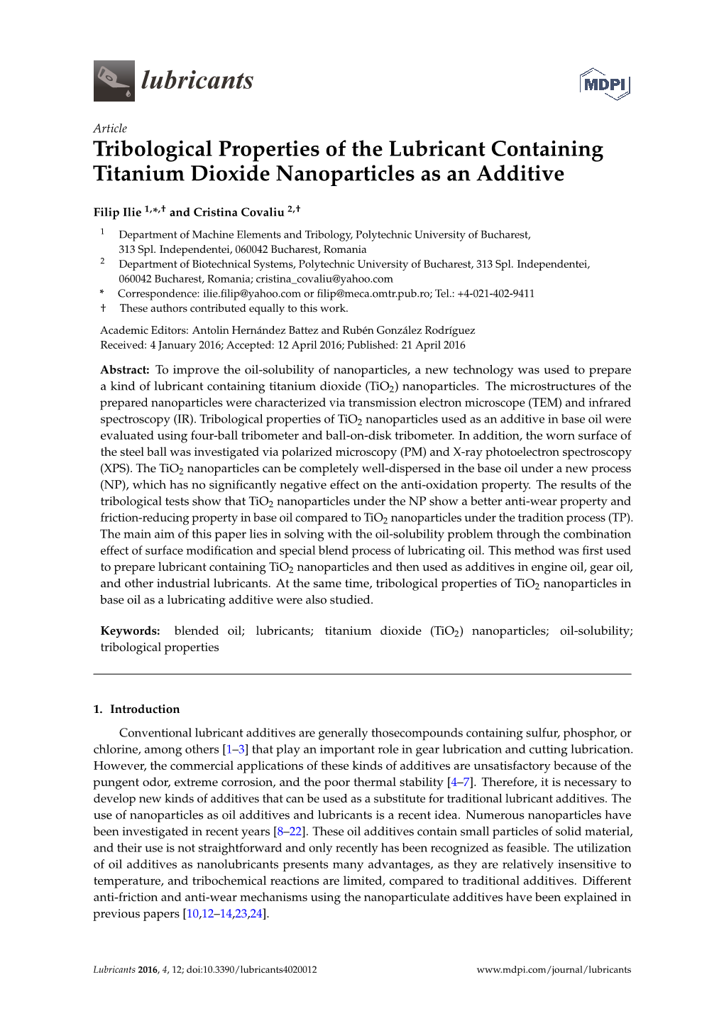 Tribological Properties of the Lubricant Containing Titanium Dioxide Nanoparticles As an Additive