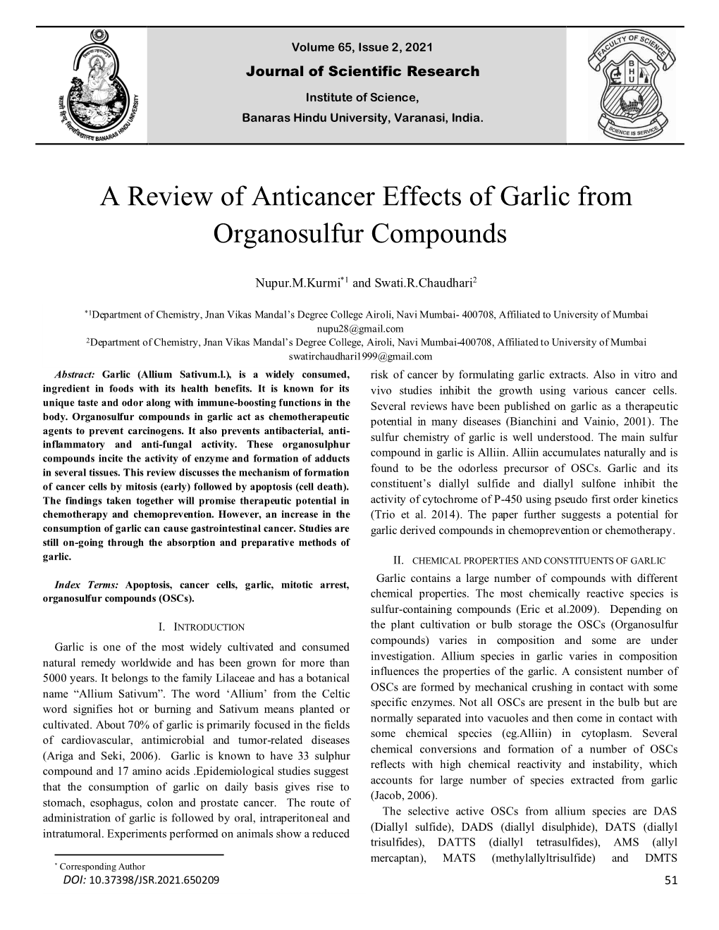 A Review of Anticancer Effects of Garlic from Organosulfur Compounds