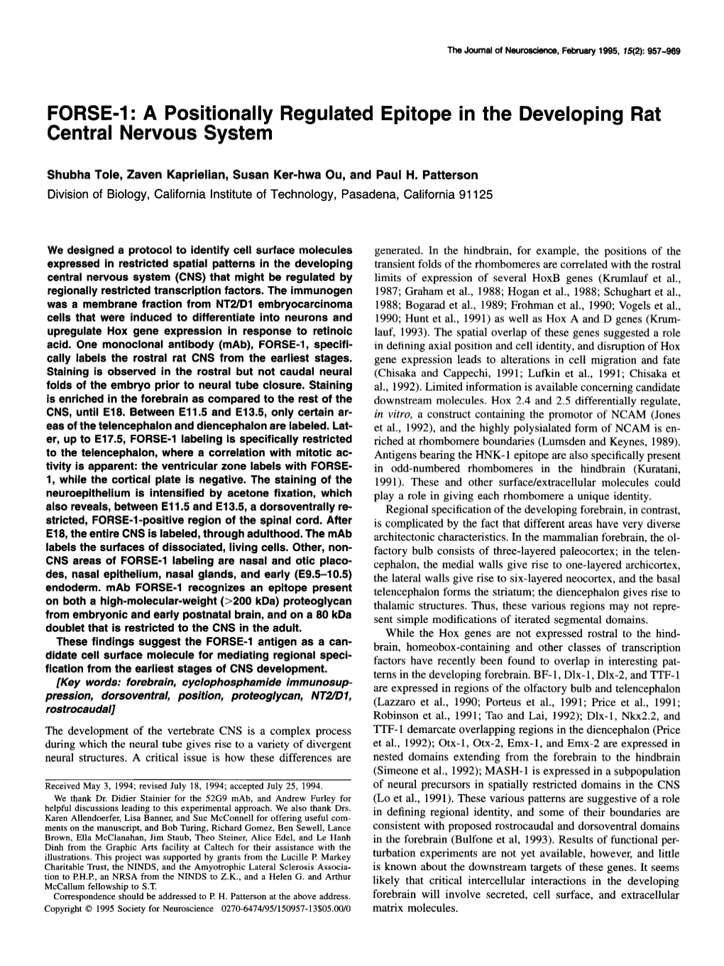 FORSE-1: a Positionally Regulated Epitope in the Developing Rat Central Nervous System