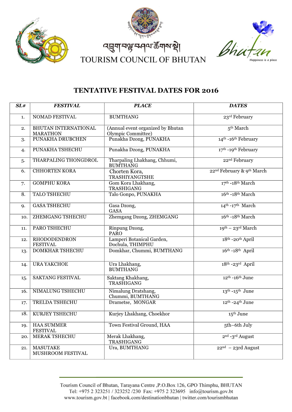 Tentative Festival Dates for 2016