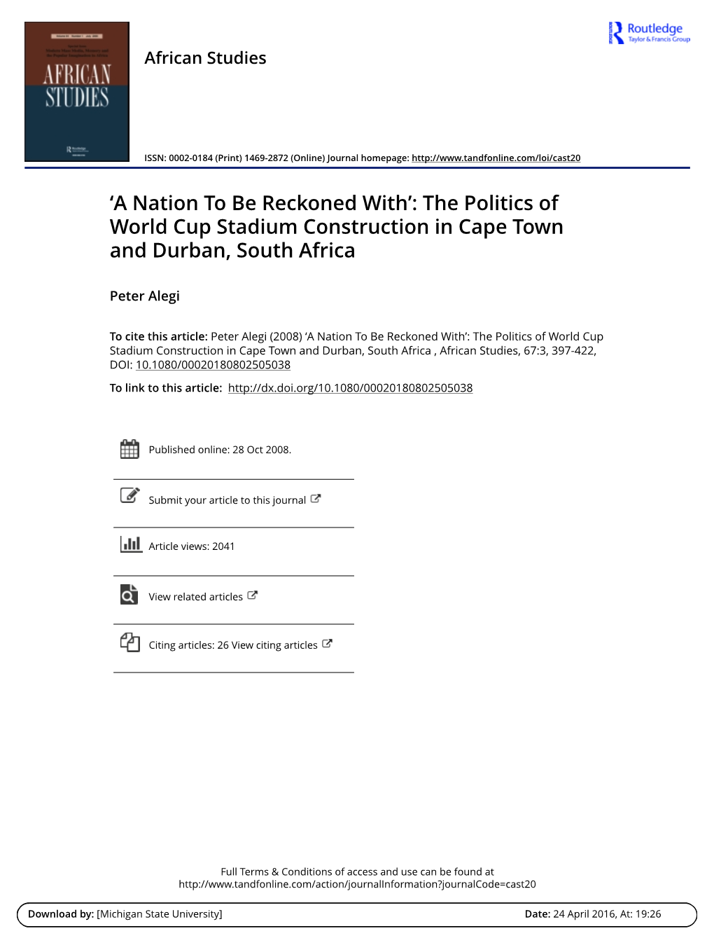 The Politics of World Cup Stadium Construction in Cape Town and Durban, South Africa