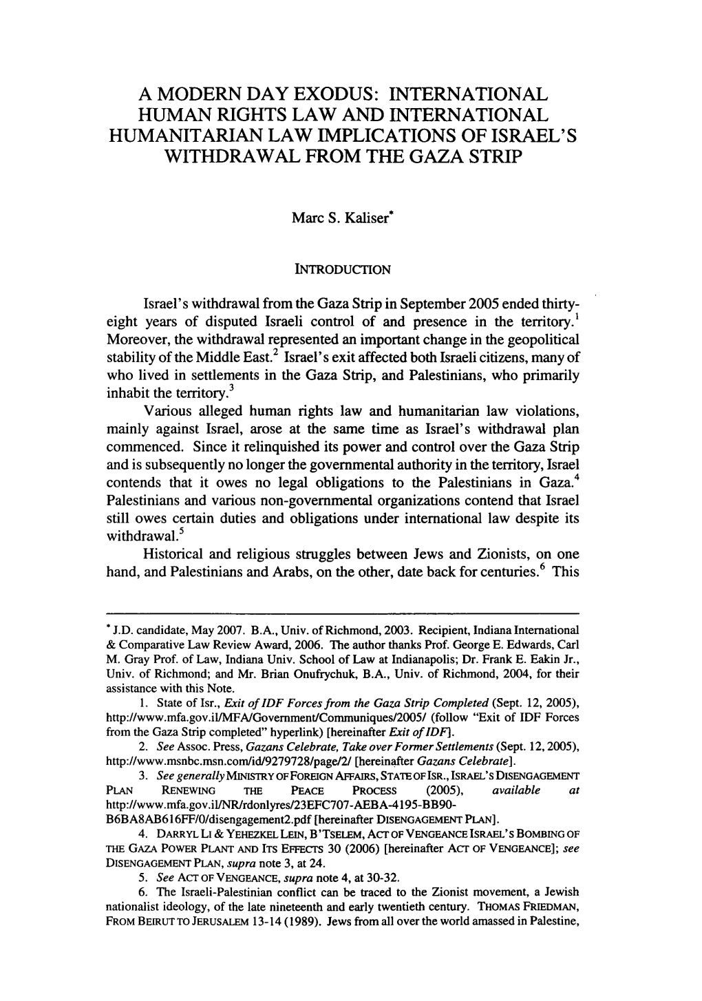 Humanitarian Law Implications of Israel's Withdrawal from the Gaza Strip