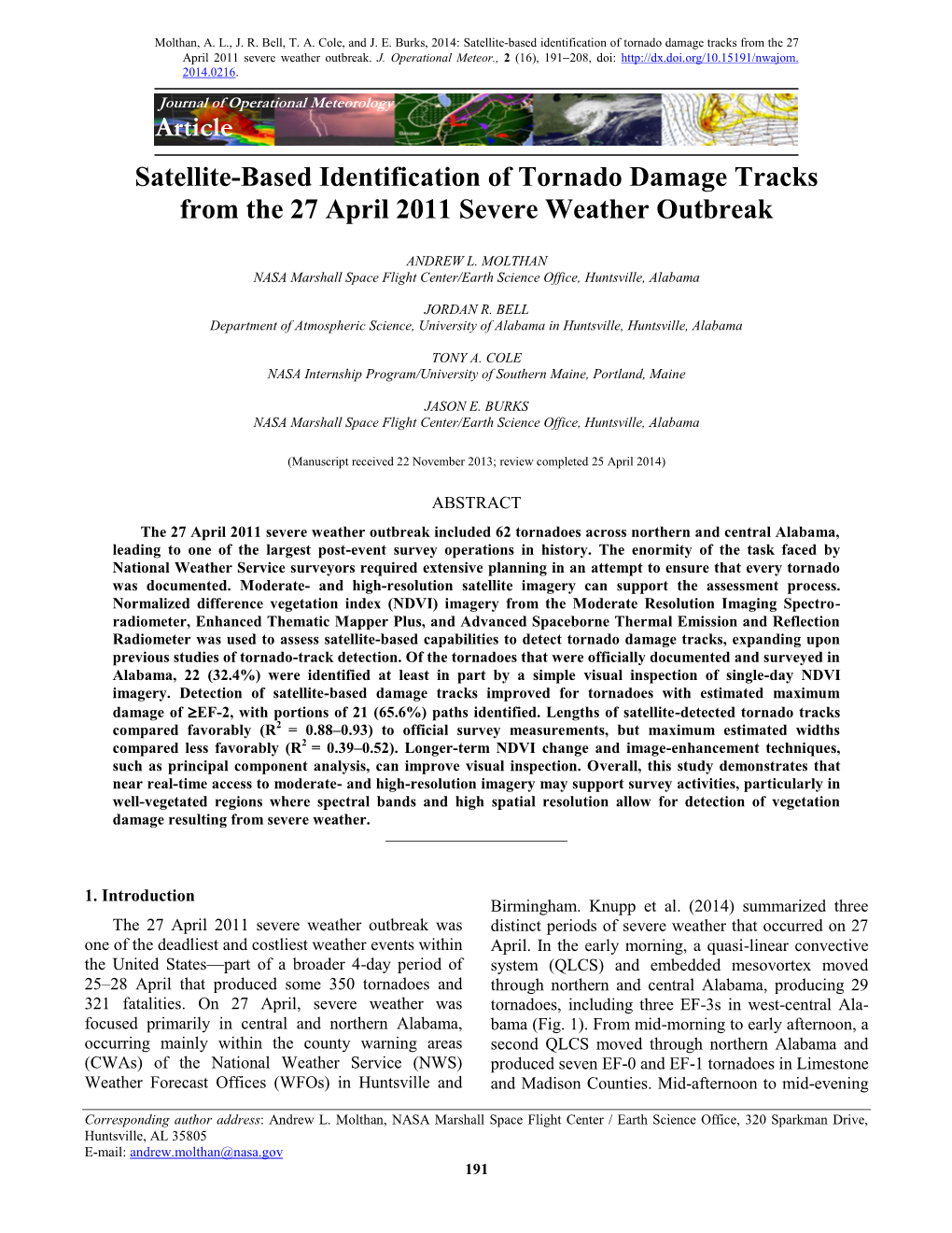 Article Satellite-Based Identification of Tornado Damage Tracks from The