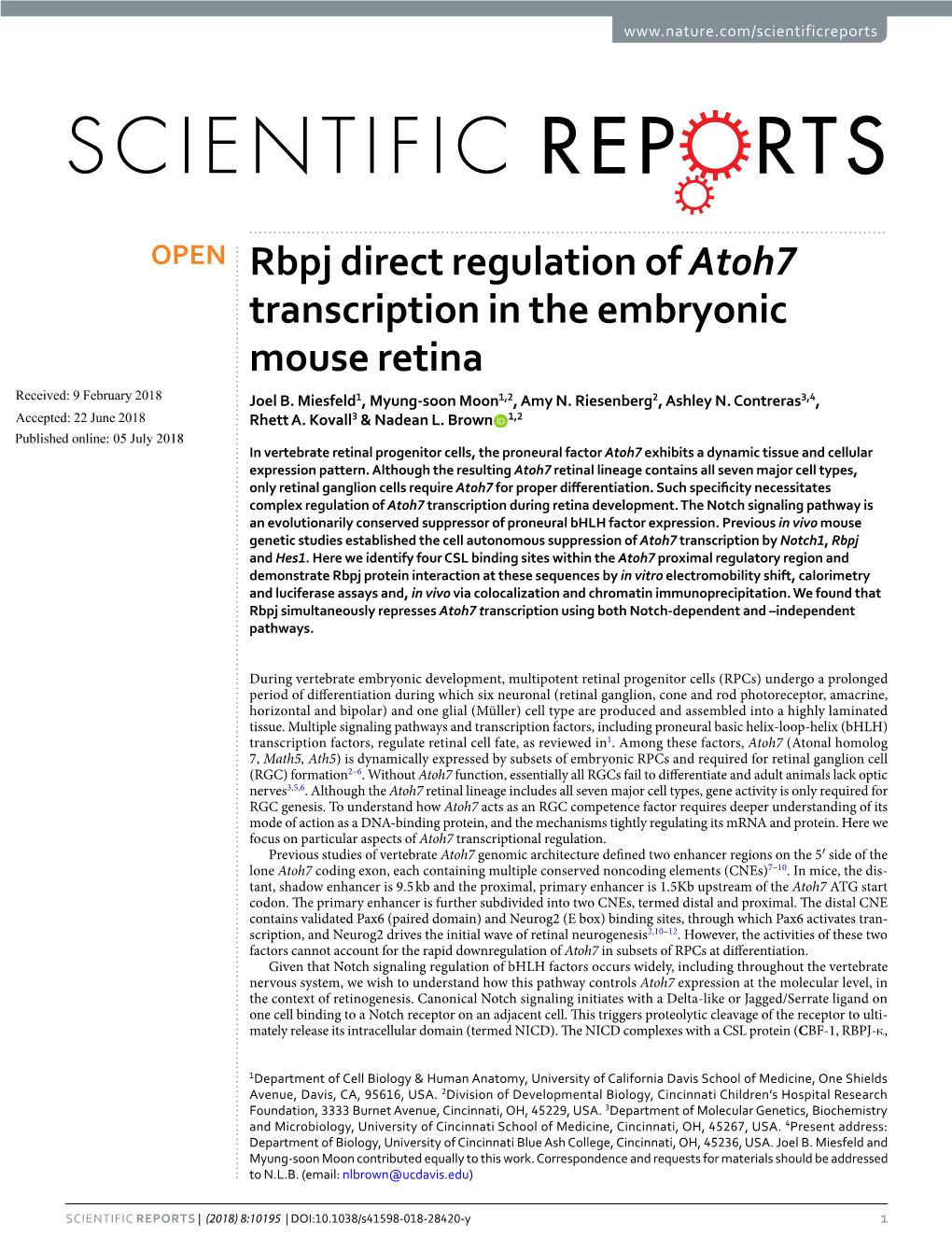 Rbpj Direct Regulation of Atoh7 Transcription in the Embryonic Mouse Retina Received: 9 February 2018 Joel B