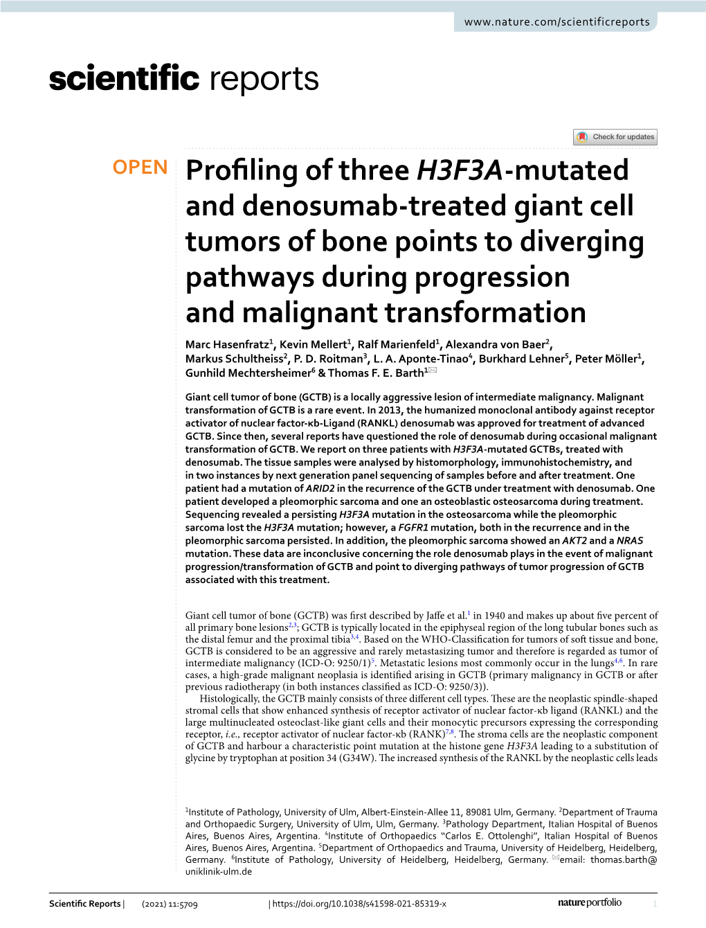 Profiling of Three H3F3A-Mutated and Denosumab-Treated Giant Cell Tumors of Bone Points to Diverging Pathways During Progression