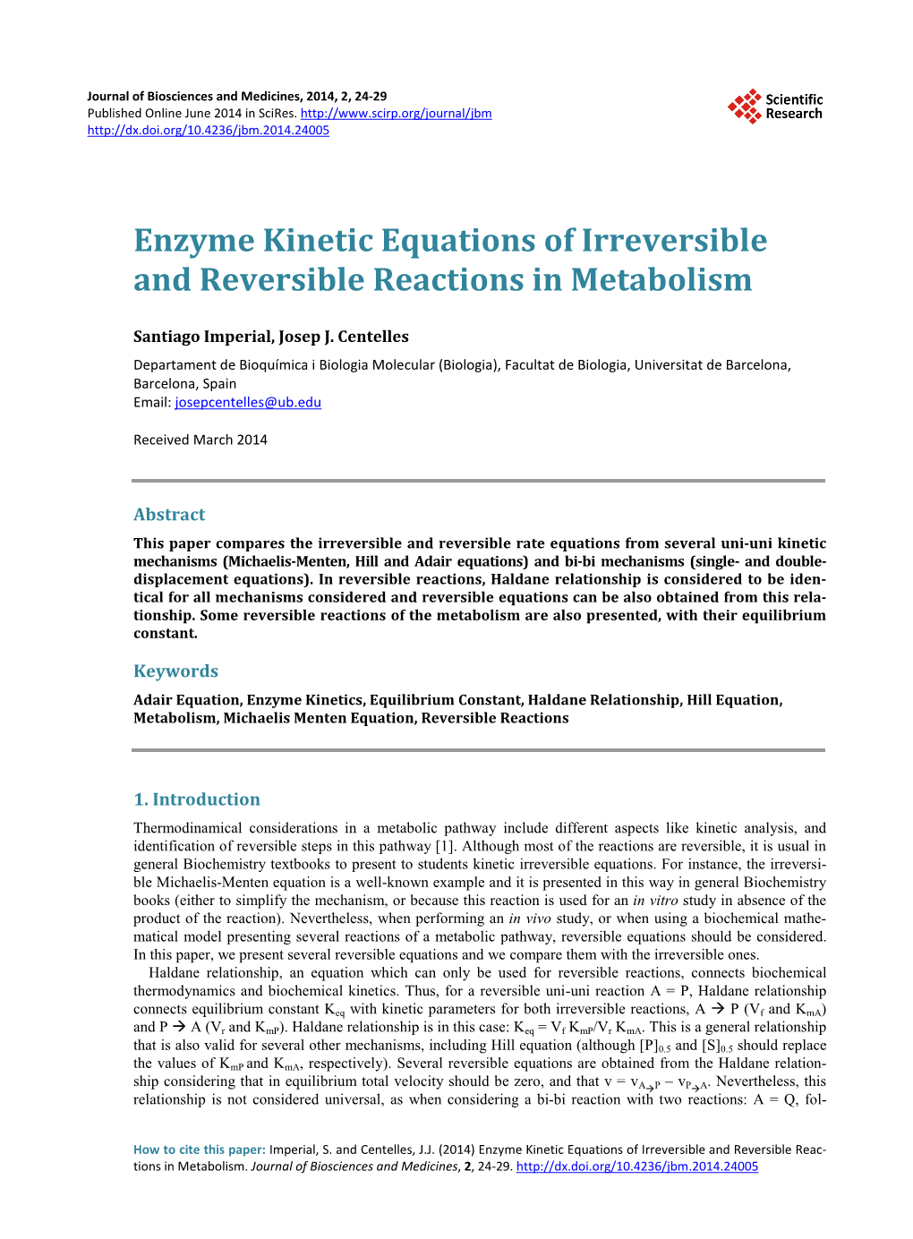 Enzyme Kinetic Equations of Irreversible and Reversible Reactions in Metabolism