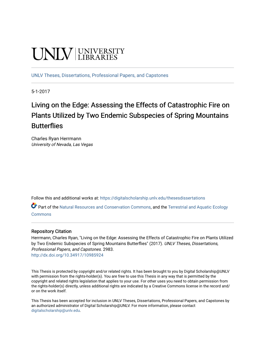 Assessing the Effects of Catastrophic Fire on Plants Utilized by Two Endemic Subspecies of Spring Mountains Butterflies
