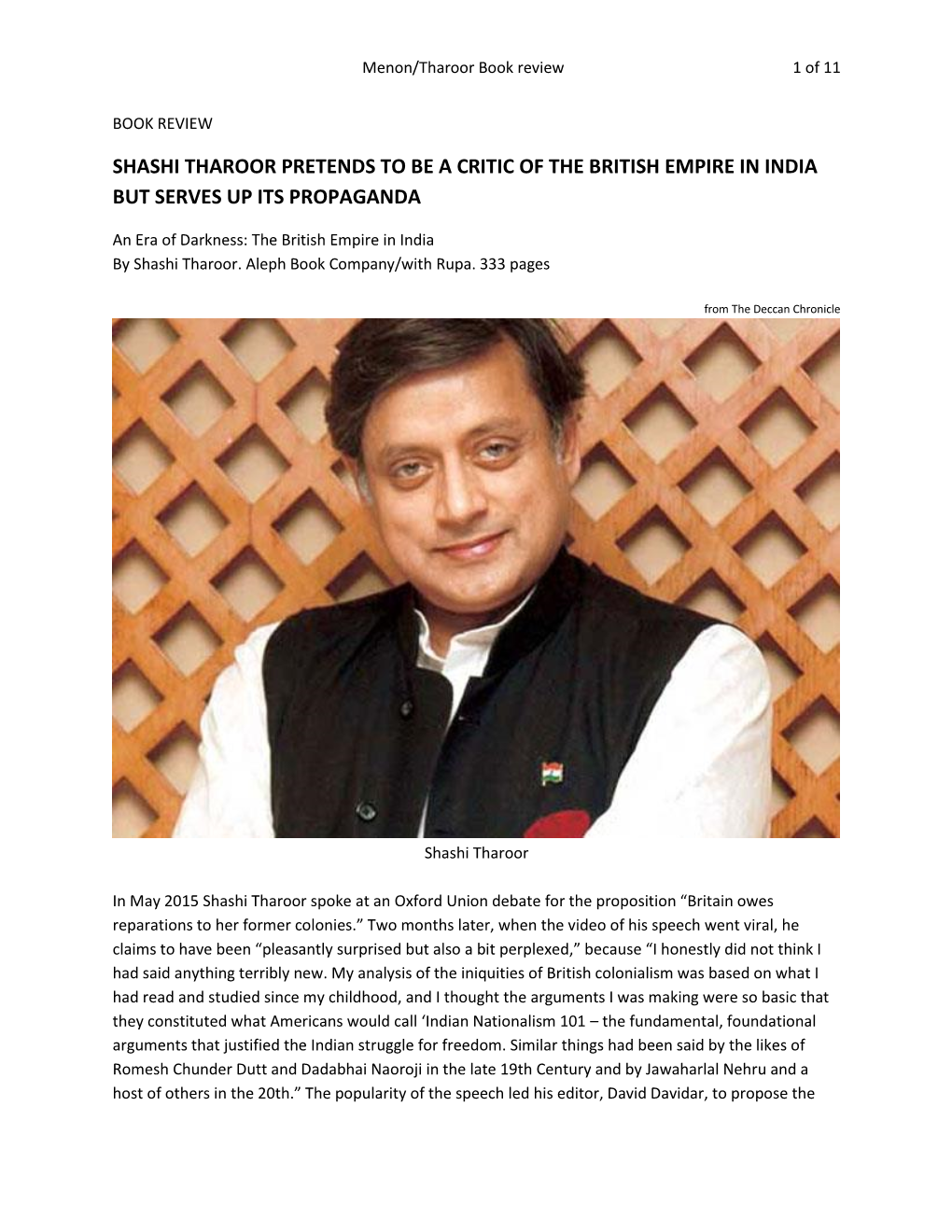 Shashi Tharoor Pretends to Be a Critic of the British Empire in India but Serves up Its Propaganda