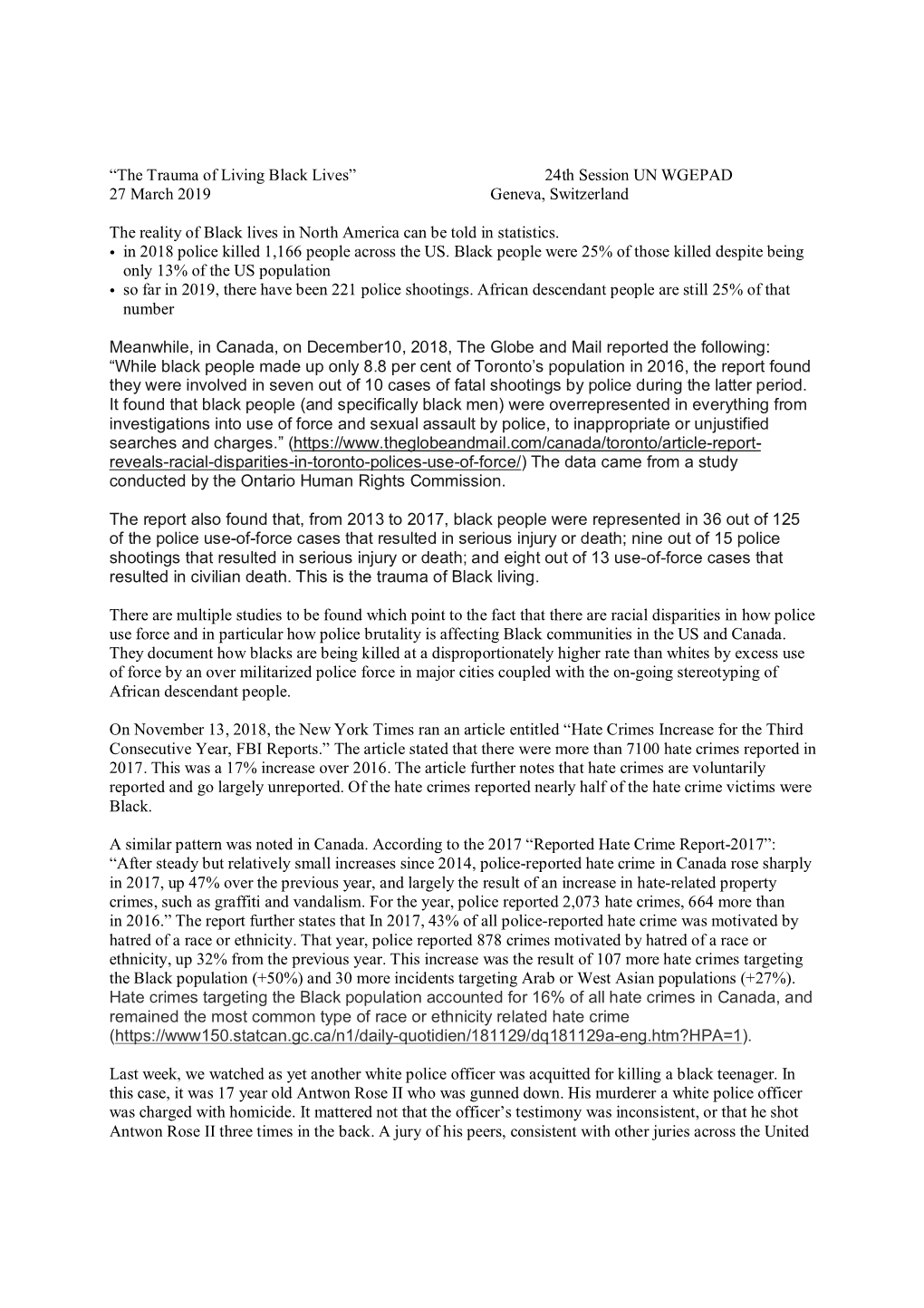 “The Trauma of Living Black Lives” 24Th Session UN WGEPAD 27 March 2019 Geneva, Switzerland