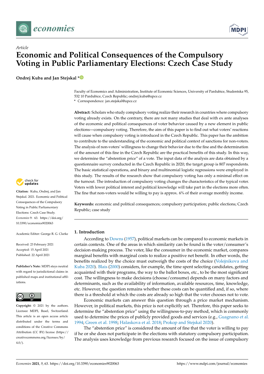 Economic and Political Consequences of the Compulsory Voting in Public Parliamentary Elections: Czech Case Study