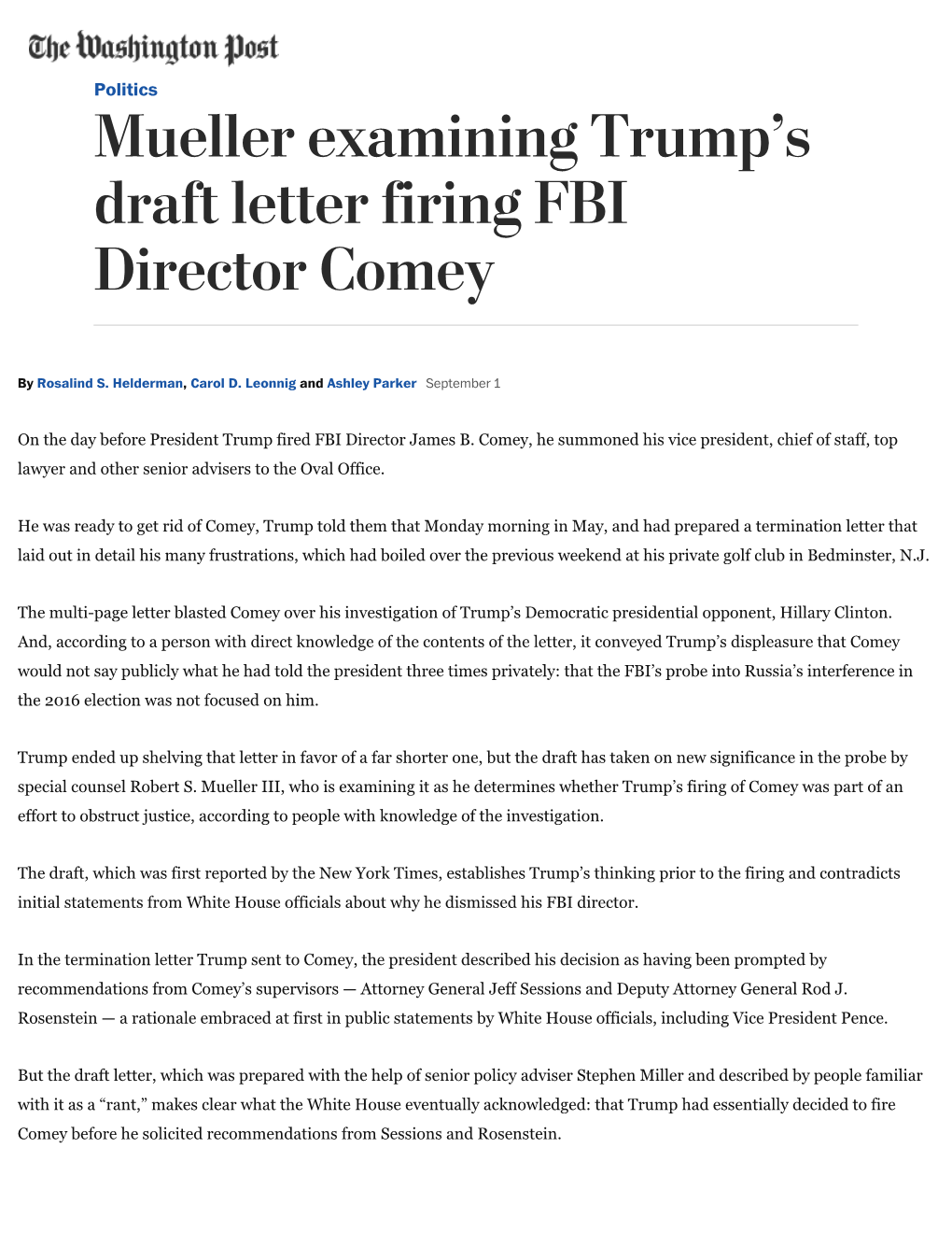 Mueller Examining Trump's Draft Letter Firing FBI Director Comey