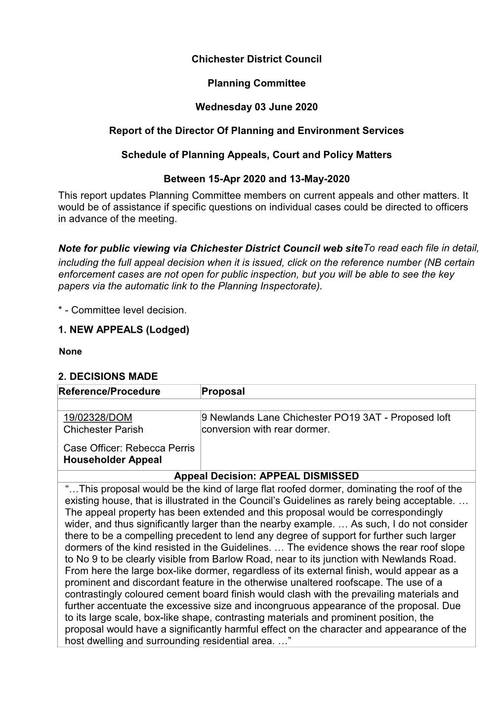 Chichester District Council Schedule of Planning Appeals, Court And